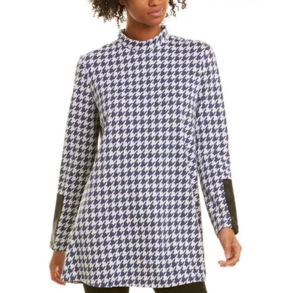 Tyler Boe Houndstooth Dress Long Sleeve Faux Leather Shift Size Medium Mini‎